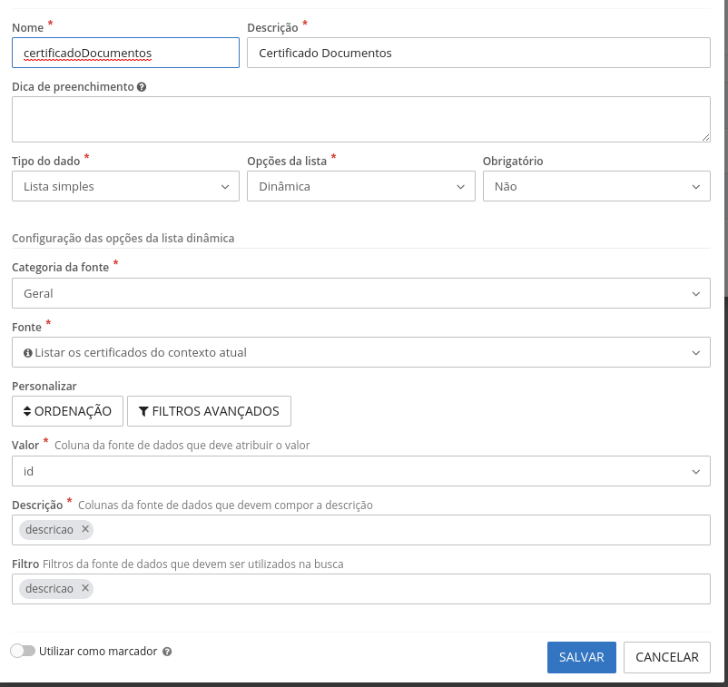 Configuração dos parâmetros